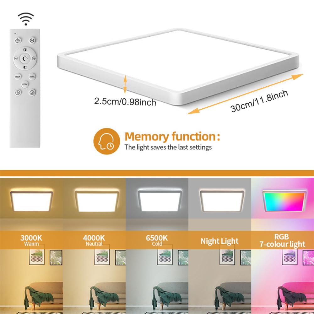 Heyseven LED Deckenleuchte Dimmbar mit Fernbedienung, 24W RGB Deckenlampe LED, Smart APP Deckenleuchte mit 16 Millionen Farbwechsel Panel, 2400LM mit Alexa Lampen für Schlafzimmer Wohnzimmer