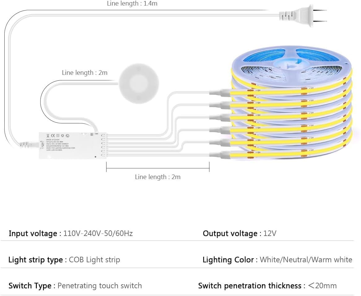 AIMENGTE COB LED Strip 12m, 12V Warmweiß Akustikpaneele Schneidbar COB LED Streifen, with Berühren und Hand Sweep Dimmer Schalten, für Weinschränke, Regale, Schränke, Küche Beleuchtung