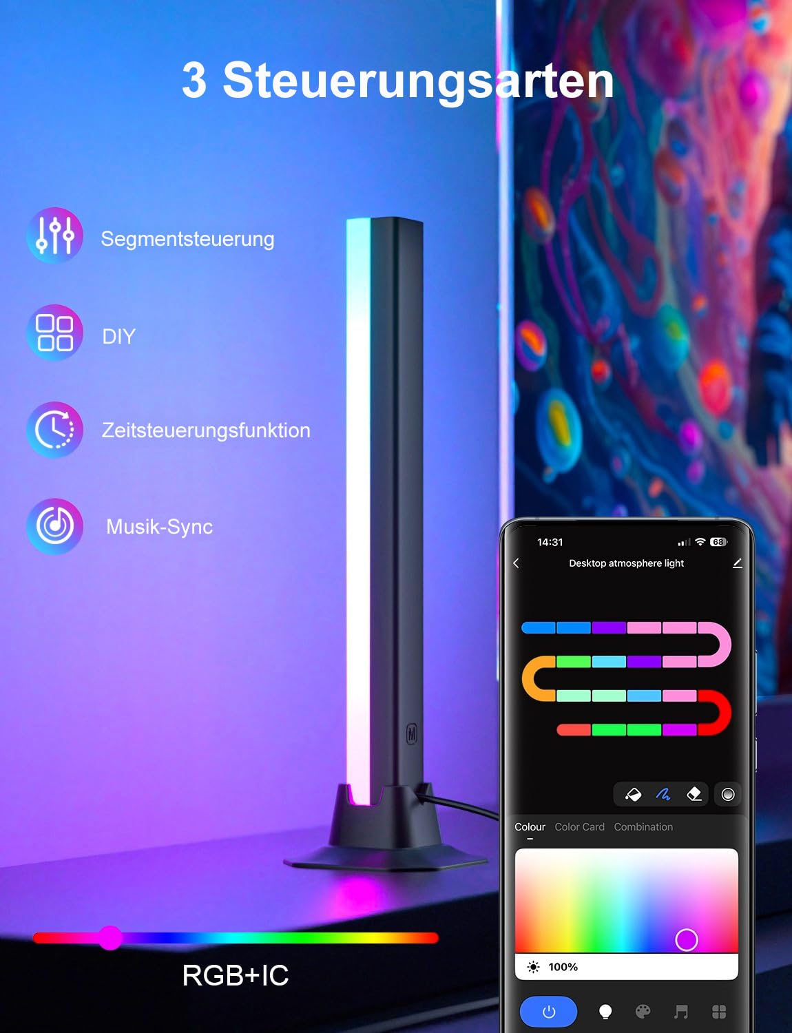 Meewata RGB Lightbar Funktioniert mit Alexa, Gaming Lampe, Fernseher Beleuchtung per App und Fernbedienung, Musik Sync, Timer, Ambiente Lampe für Schreibtisch Monitor Zimmer Feiertage