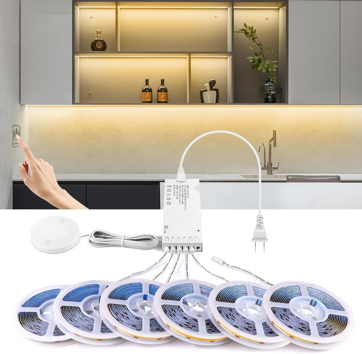 AIMENGTE COB LED Strip 12m, 12V Warmweiß Akustikpaneele Schneidbar COB LED Streifen, with Berühren und Hand Sweep Dimmer Schalten, für Weinschränke, Regale, Schränke, Küche Beleuchtung
