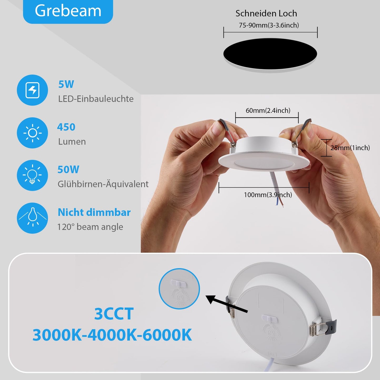 Grebeam 6 er 5W Einbauleuchten Decke LED, 450lm Spots Deckenleuchte, Warmweiß Neutralweiß Kaltweiß 3000K/4000K/6000K, LED Spots 230v Ausschnittlochmaß: φ75-90mm