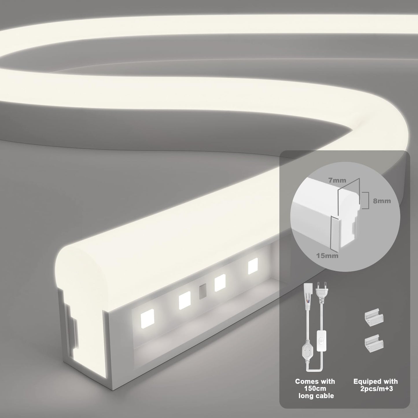 KSIBNW 230V Neon LED Streifen Aussenbereich Neutralweiß 4000K, Led Strip 2m Mit Netzteil Und Led Controller, Flexibler Wasserdichter IP65 Neonlichtstreifen für Schlafzimmer, Innen Heim Küche Deko