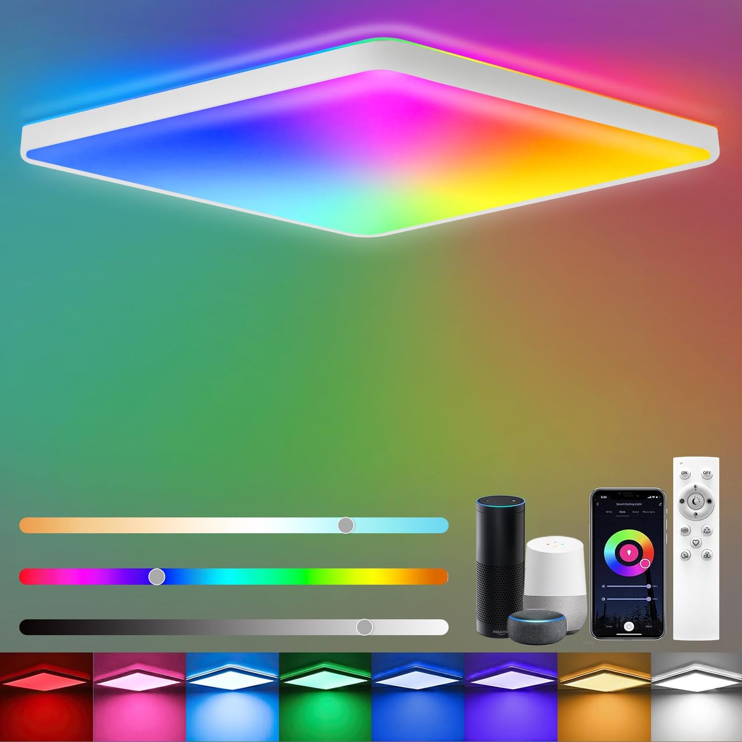 Heyseven LED Deckenleuchte Dimmbar mit Fernbedienung, 24W RGB Deckenlampe LED, Smart APP Deckenleuchte mit 16 Millionen Farbwechsel Panel, 2400LM mit Alexa Lampen für Schlafzimmer Wohnzimmer