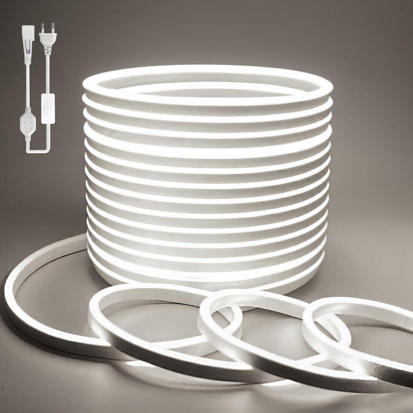 BAGZY Neon LED Streifen 10M Aussenbereich, Neon Wasserdicht Strip 230V Outdoor 120 LED/M Flexibler DIY Lichtband für Innen Weihnachtsfeier Aussenbereich,mit Netzteil und Controller (Weiß,10Meter)