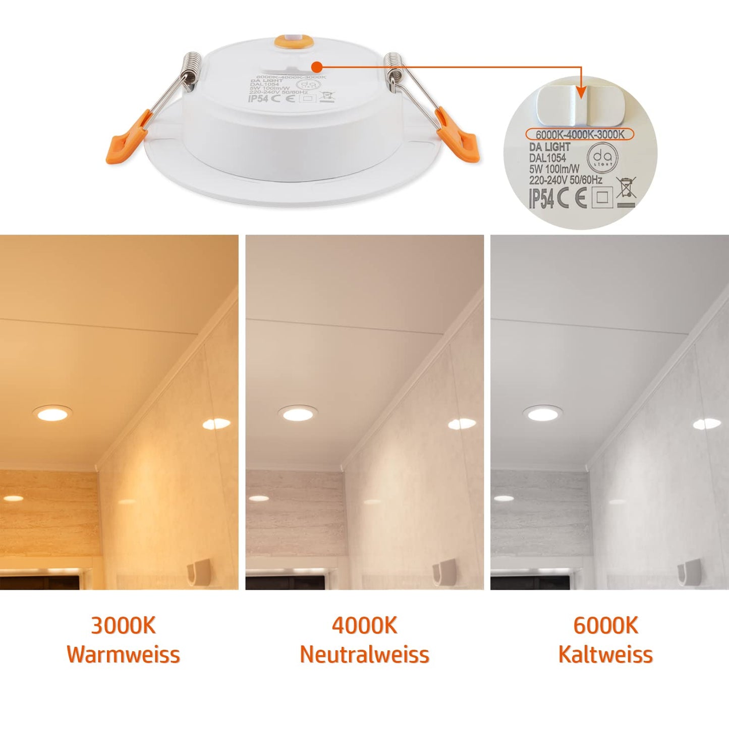 da LIGHT LED Einbaustrahler 230V flach 5W 10er Set, Strahlende Einbauleuchten, Bad Spot 3000/4000/6000K, Deckenstrahler IP54 für Badzimmer Wohnzimmer Küche Schlafzimmer