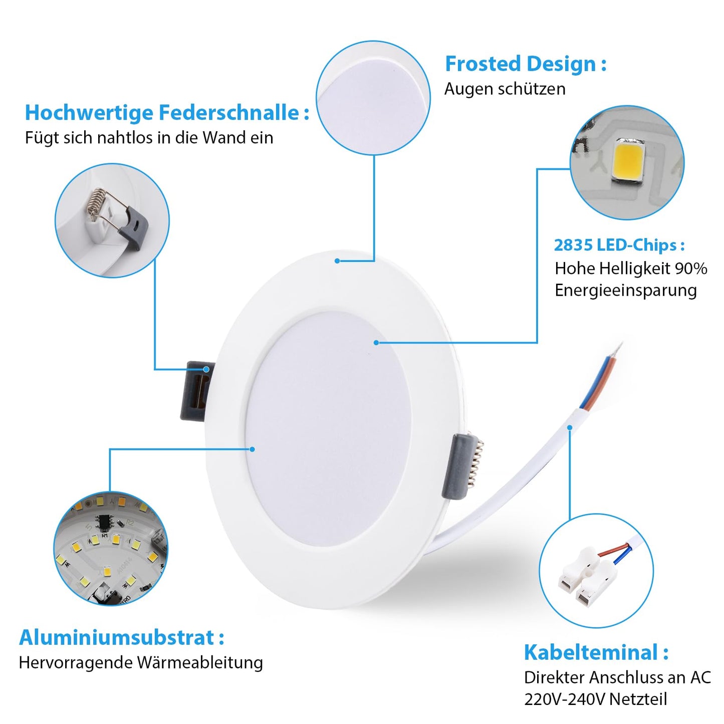 Grebeam 6 er 5W Einbauleuchten Decke LED, 450lm Spots Deckenleuchte, Warmweiß Neutralweiß Kaltweiß 3000K/4000K/6000K, LED Spots 230v Ausschnittlochmaß: φ75-90mm
