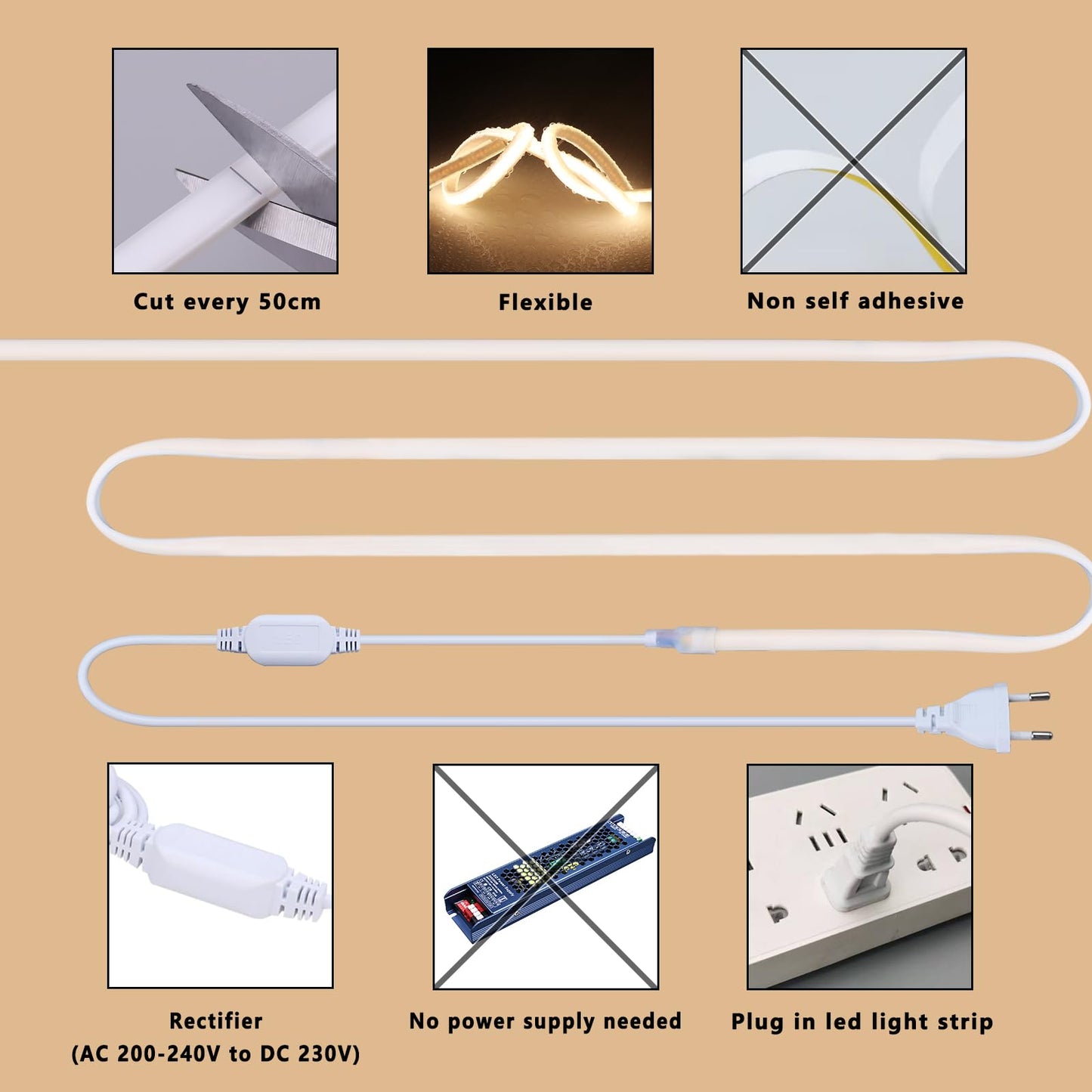 BENLUN AC 220V COB LED Streifen Aussenbereich 20M, 3000K Warmweiß LED Strip Outdoor Wasserdicht, LED Band 200W CRI 90+ 230V Direktanschluss für Zimmer und Außen Dekoration Beleuchtung