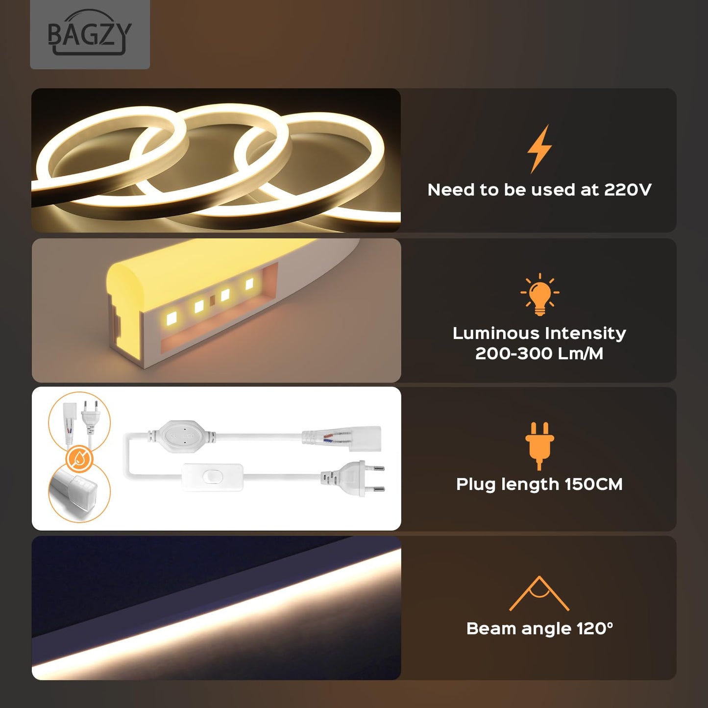 BAGZY Neon LED Streifen 10M Aussenbereich, Neon Wasserdicht Strip 230V Outdoor 120 LED/M Flexibler DIY Lichtband für Innen Weihnachtsfeier Aussenbereich,mit Netzteil und Controller (Weiß,10Meter)