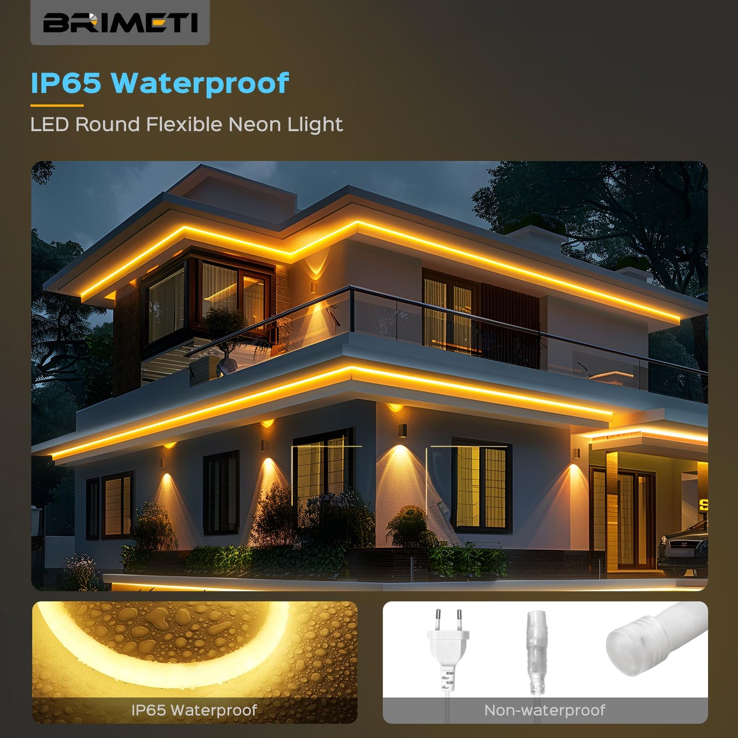 BRIMETI Neon LED Streifen 20M Aussenbereich 320° Glühen Rund Neon Strip Wasserdicht IP65 230V Outdoor Flexibler DIY Lichtband für Innen Küche Deko,mit Einem Netzteil und Controller (Natürliches Weiß)
