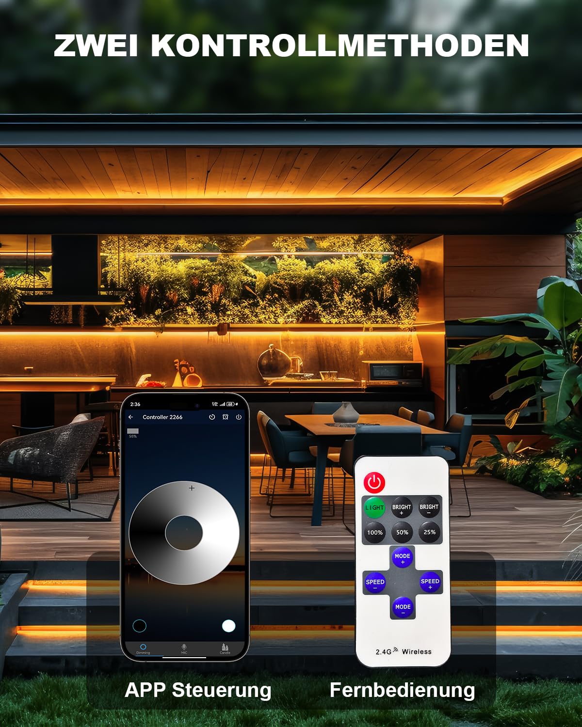 COB LED Streifen 15M IP68 Wasserdicht, 24V 2700K LED Strip Warmweiss, LED Lichtband Selbstklebend Außen mit Netzteil, APP und Fernbedienung für Dachtraufe Garten Pool Terrasse Küche Badezimmer