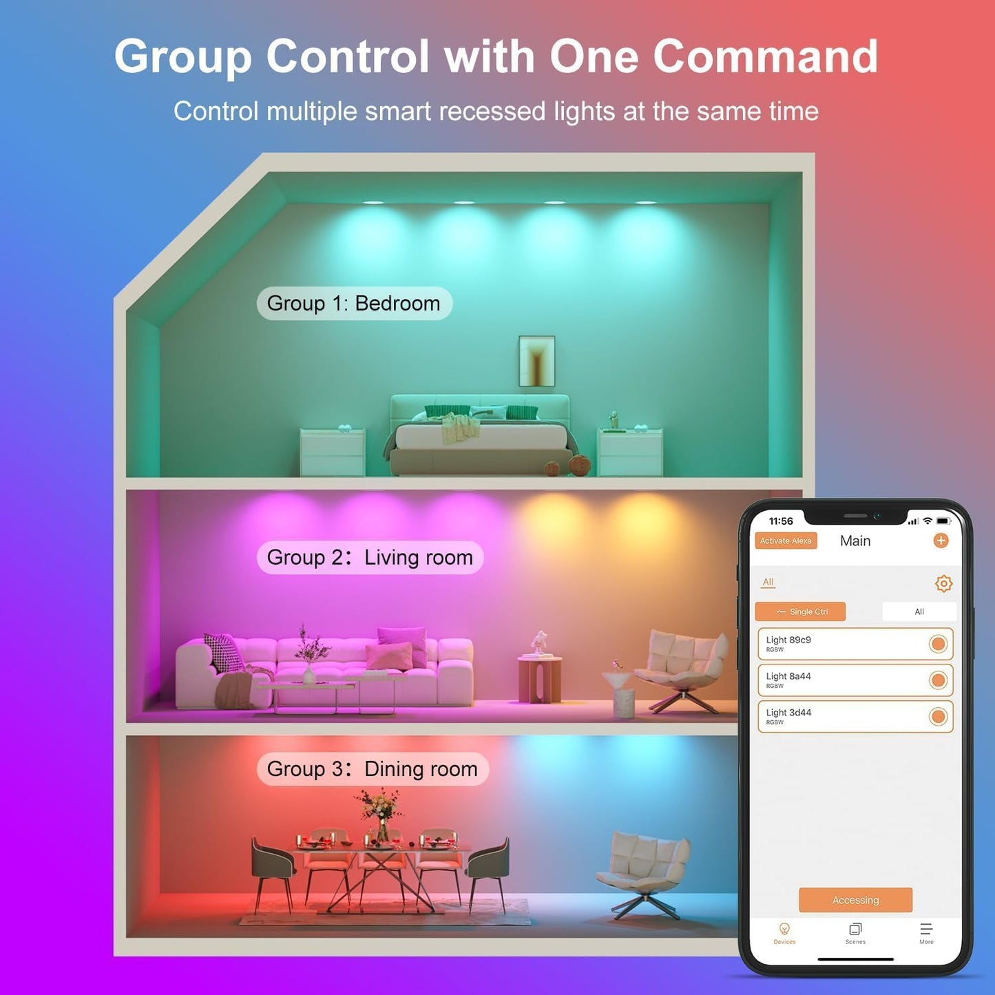 HYDONG Smart LED Einbaustrahler Flach 8W LED Spots 230V, IP44 Bad Einbauleuchten 68mm Kompatibel mit Alexa, Warmweiß & RGB Bluetooth Deckenspots Farbwechsel für Wohnzimmer Schlafzimmer Küche, 6er Set