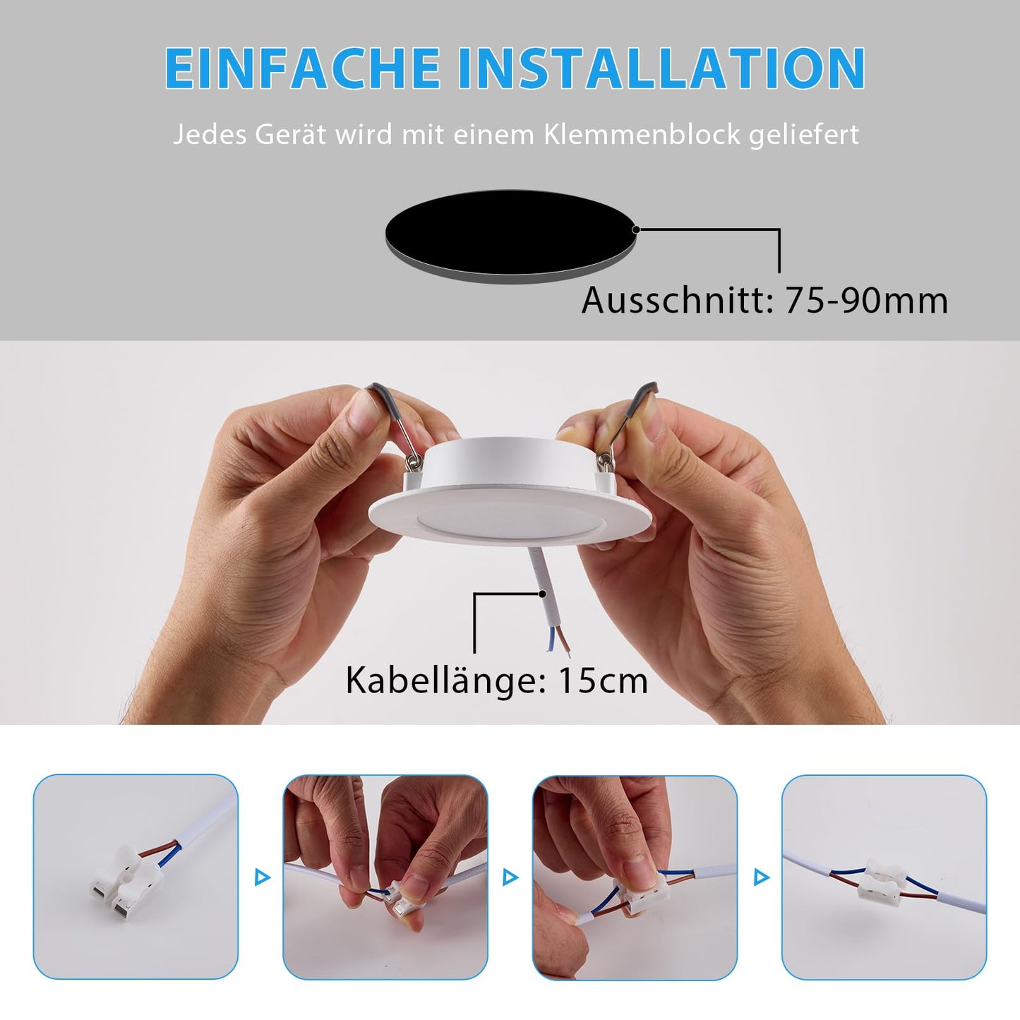 Grebeam 6 er 5W Einbauleuchten Decke LED, 450lm Spots Deckenleuchte, Warmweiß Neutralweiß Kaltweiß 3000K/4000K/6000K, LED Spots 230v Ausschnittlochmaß: φ75-90mm