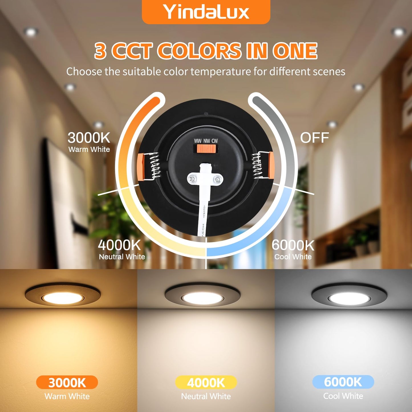 YindaLux LED Einbaustrahler 230V Dimmbar 45° Schwenkbar LED Spots 5W IP44 Deckenspots 68-80mm Lochmass 3000K/4000K/6000K Einbauspots Einbauleuchten für Badezimmer Küche Wohnzimmer Schwarz 6er Set