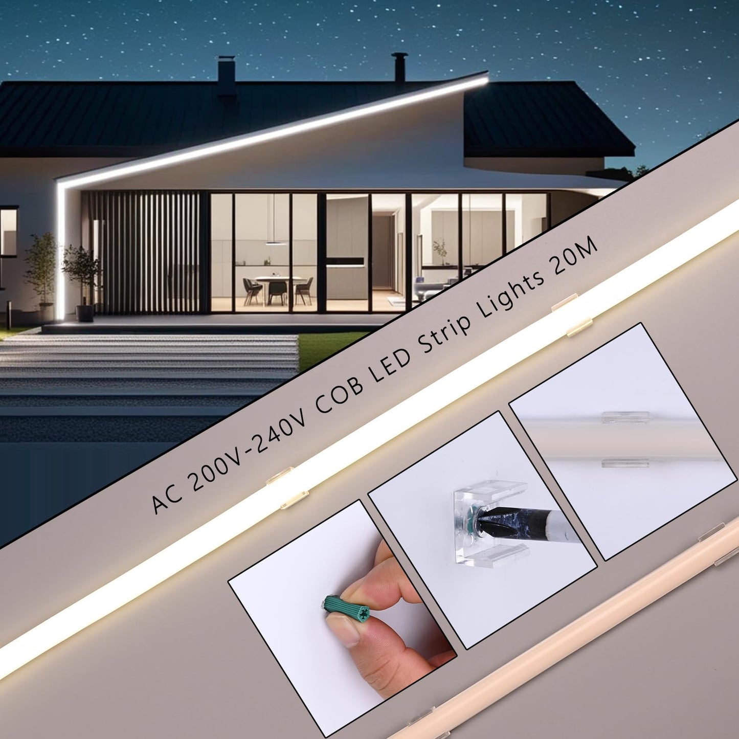 BENLUN AC 220V COB LED Streifen Aussenbereich 20M, 4000K Naturweiß LED Strip Outdoor Wasserdicht, LED Band 200W CRI 90+ 230V Direktanschluss für Zimmer und Außen Dekoration Beleuchtung