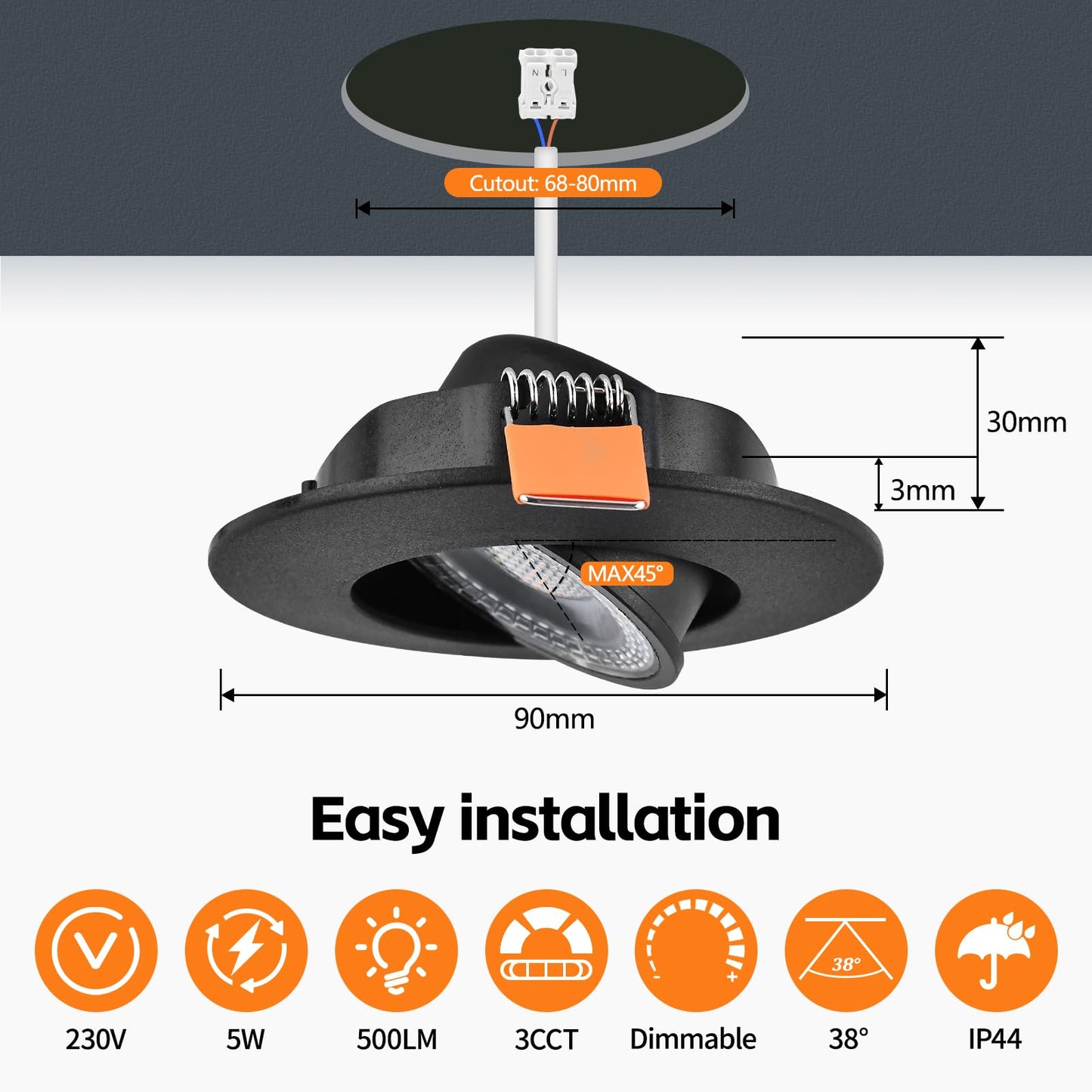 YindaLux LED Einbaustrahler 230V Dimmbar 45° Schwenkbar LED Spots 5W IP44 Deckenspots 68-80mm Lochmass 3000K/4000K/6000K Einbauspots Einbauleuchten für Badezimmer Küche Wohnzimmer Schwarz 6er Set