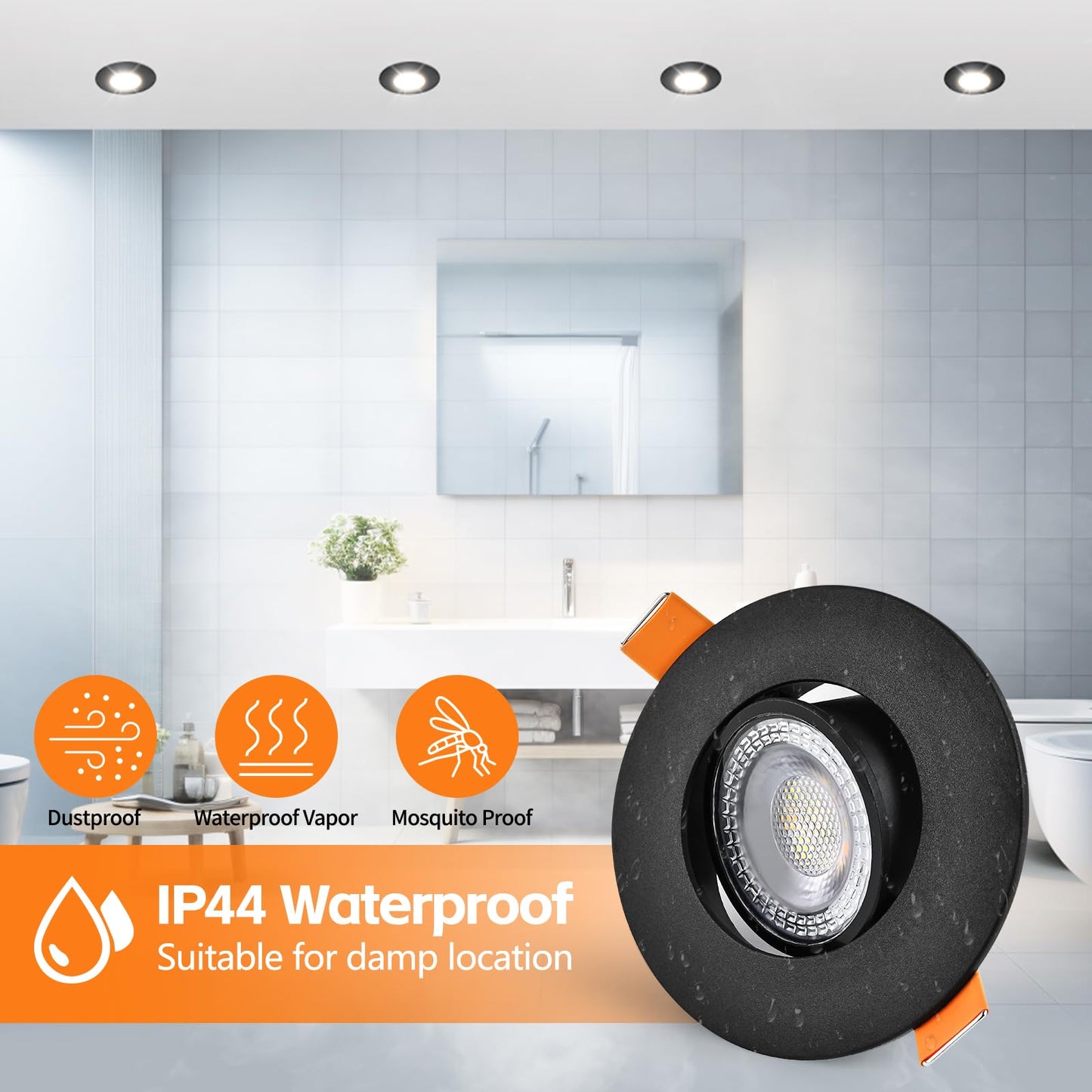 YindaLux LED Einbaustrahler 230V Dimmbar 45° Schwenkbar LED Spots 5W IP44 Deckenspots 68-80mm Lochmass 3000K/4000K/6000K Einbauspots Einbauleuchten für Badezimmer Küche Wohnzimmer Schwarz 6er Set