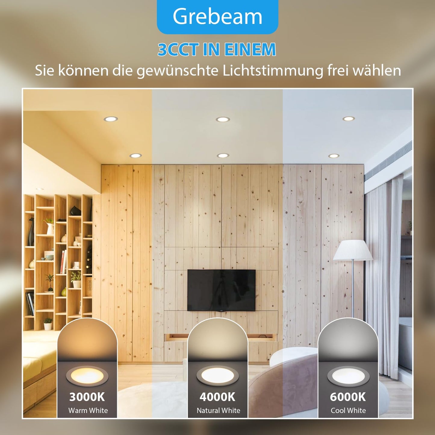 Grebeam 6 er 5W Einbauleuchten Decke LED, 450lm Spots Deckenleuchte, Warmweiß Neutralweiß Kaltweiß 3000K/4000K/6000K, LED Spots 230v Ausschnittlochmaß: φ75-90mm