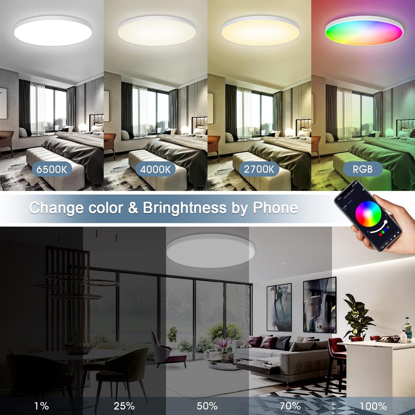 OPPEARL Led Deckenlampe Dimmbar mit Fernbedienung, 24W 16 Millionen RGB Farbwechsel Smart led Deckenleuchte Steuerbar via App, 2400LM Deckenbeleuchtung Ø30CM Lampe für Wohnzimmer Schlafzimmer, Weiß