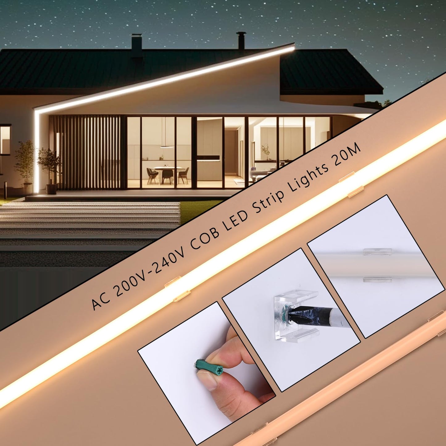 BENLUN AC 220V COB LED Streifen Aussenbereich 20M, 3000K Warmweiß LED Strip Outdoor Wasserdicht, LED Band 200W CRI 90+ 230V Direktanschluss für Zimmer und Außen Dekoration Beleuchtung