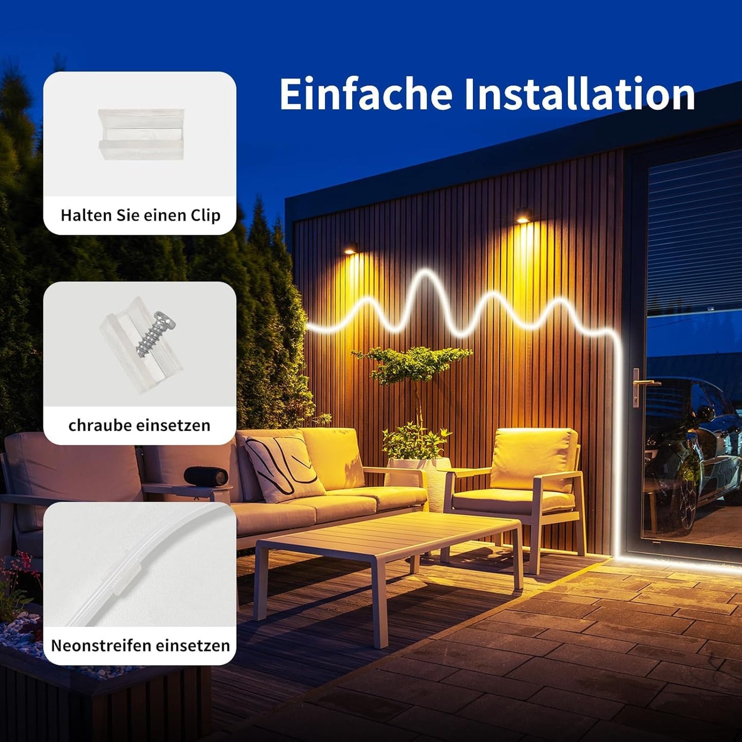 BUNACET Neon LED Strip Warmweiss 8M 24V, LED Streifen Dimmbar 3000K, IP67 Wasserdicht Neon Schlauch Lichtband Flexibel LED Band mit Fernbedienung und Netzteil, Silikon Lichtleiste für Innen Aussen
