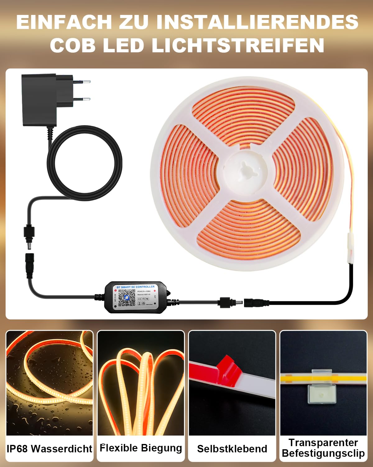 COB LED Streifen 15M IP68 Wasserdicht, 24V 2700K LED Strip Warmweiss, LED Lichtband Selbstklebend Außen mit Netzteil, APP und Fernbedienung für Dachtraufe Garten Pool Terrasse Küche Badezimmer