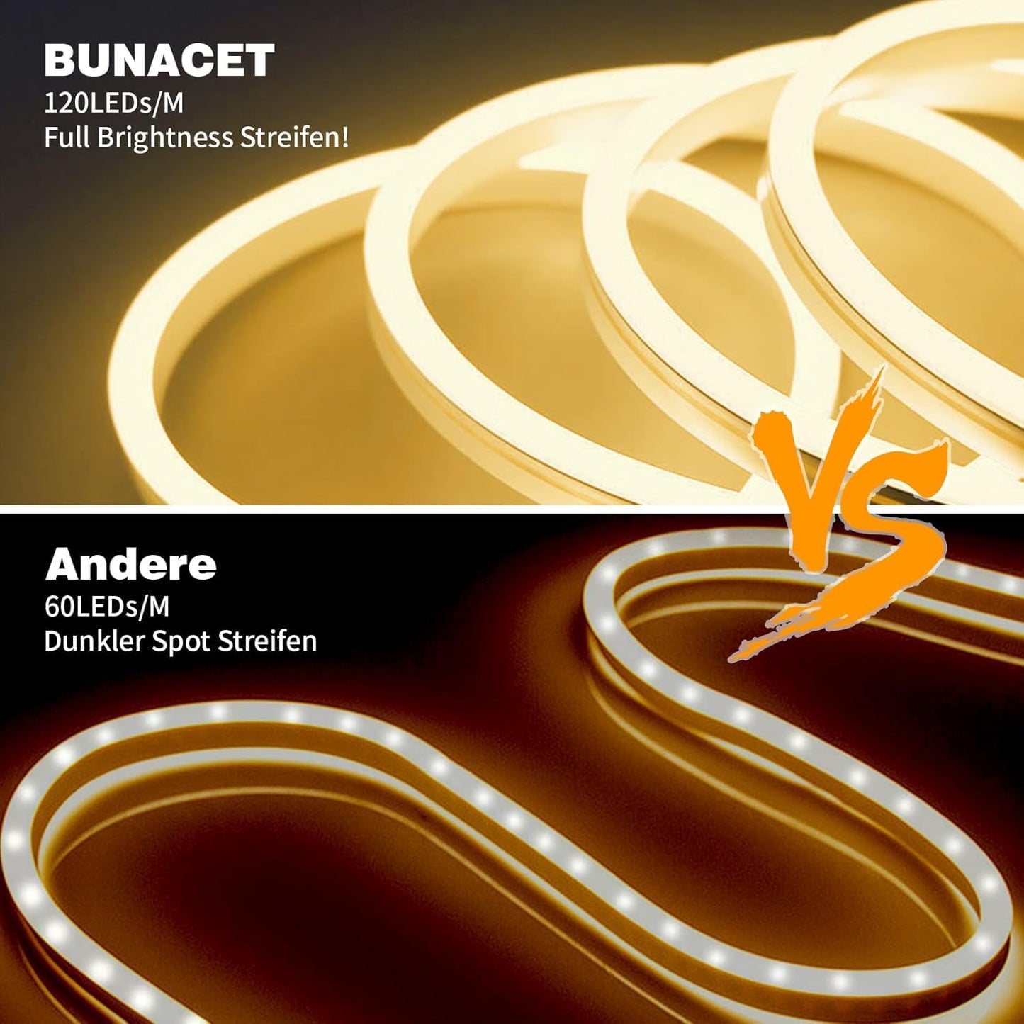 BUNACET Neon LED Strip Warmweiss 8M 24V, LED Streifen Dimmbar 3000K, IP67 Wasserdicht Neon Schlauch Lichtband Flexibel LED Band mit Fernbedienung und Netzteil, Silikon Lichtleiste für Innen Aussen