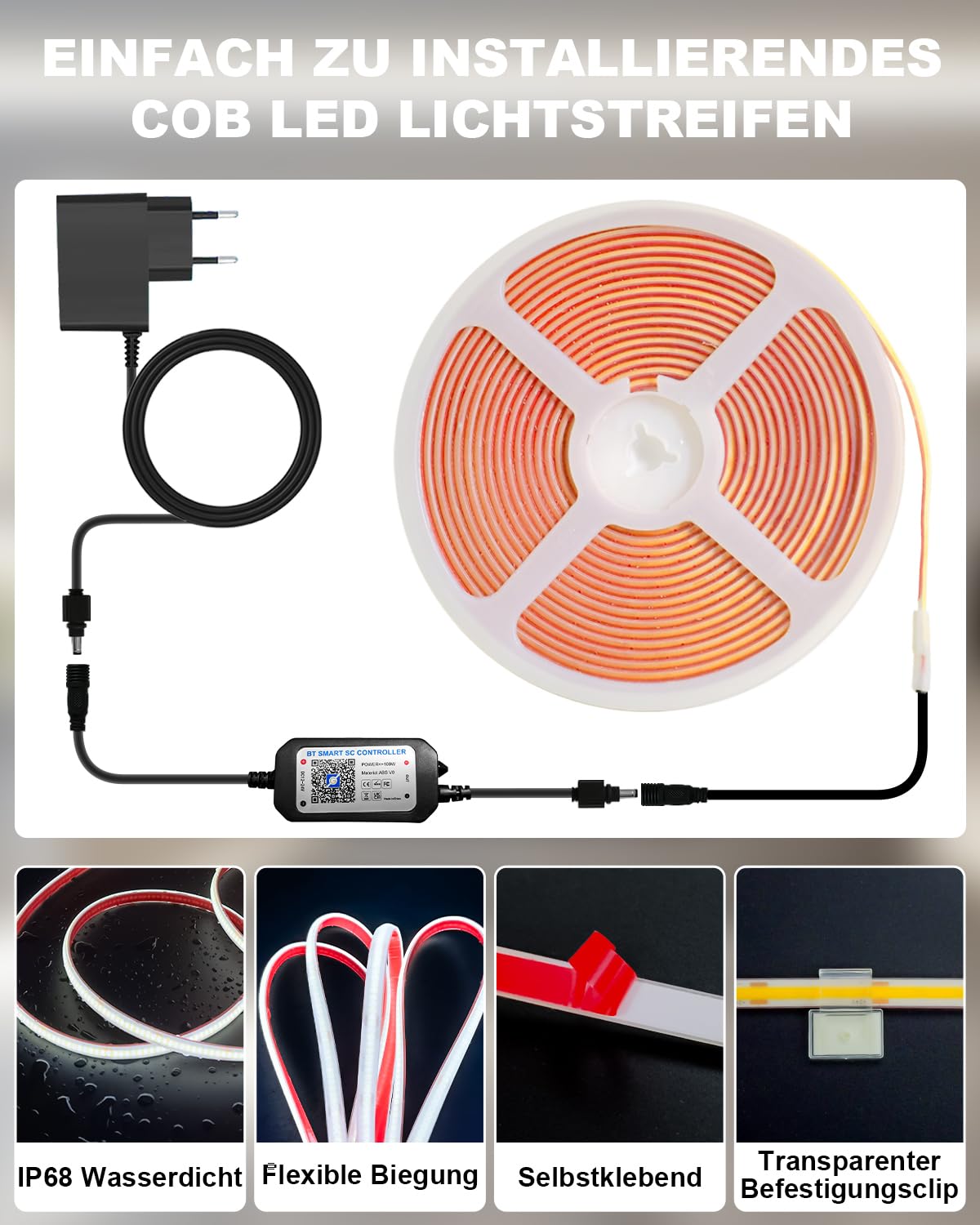 15M COB LED Streifen IP68 Wasserdicht, 24V 6500K LED Strip Weiß, LED Lichtband Selbstklebend Außen mit Netzteil, APP und Fernbedienung für Dachtraufe Garten Pool Terrasse Küche Badezimmer