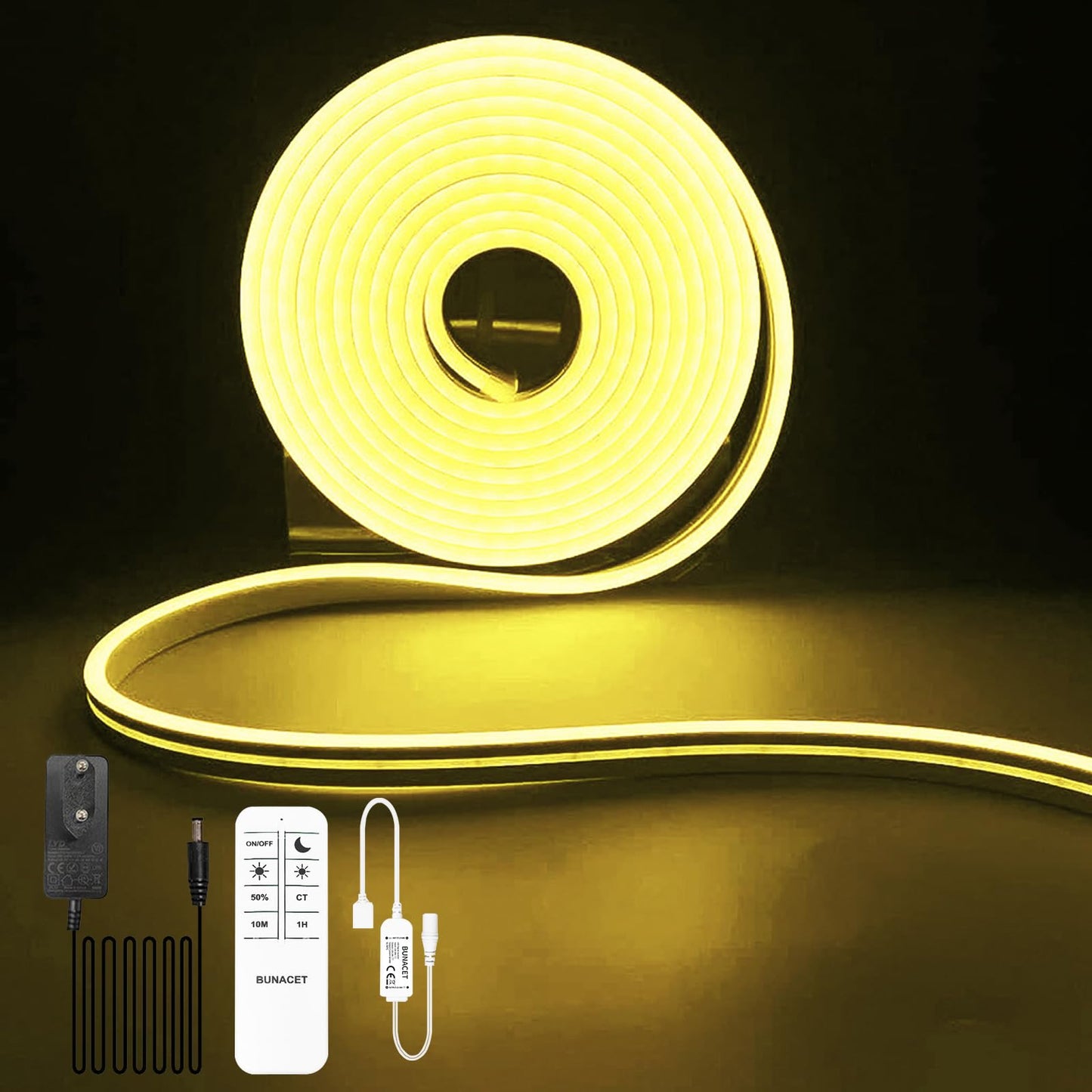BUNACET Neon LED Strip Warmweiss 8M 24V, LED Streifen Dimmbar 3000K, IP67 Wasserdicht Neon Schlauch Lichtband Flexibel LED Band mit Fernbedienung und Netzteil, Silikon Lichtleiste für Innen Aussen