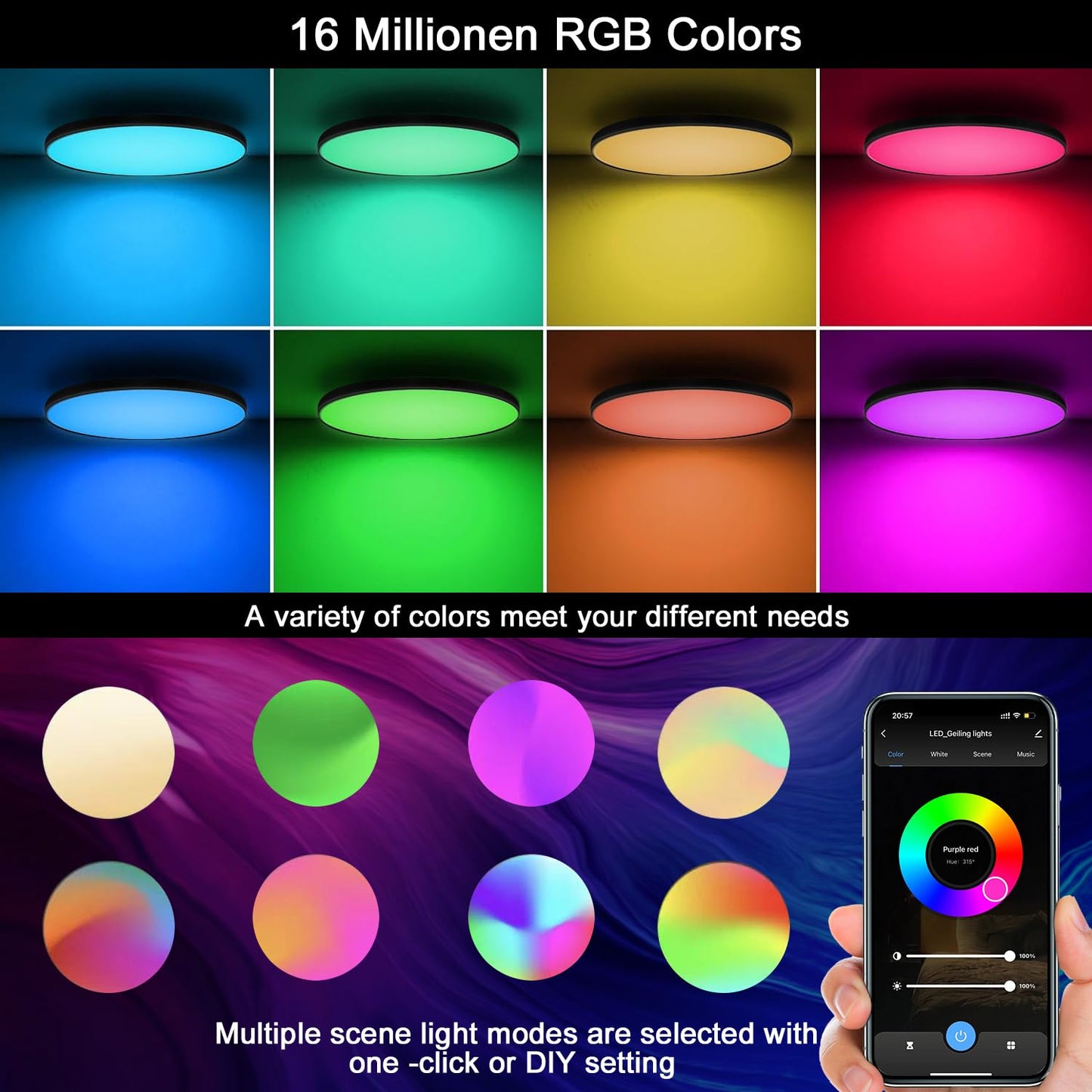 Eregou RGB LED Deckenleuchte Dimmbar, 24W 2400LM Smart Deckenlampe mit Fernbedienung, IP44 LED Panel for Flur Schlafzimmer Wohnzimmer Bad Küche, Kompatibel mit Alexa APP Google Assistant