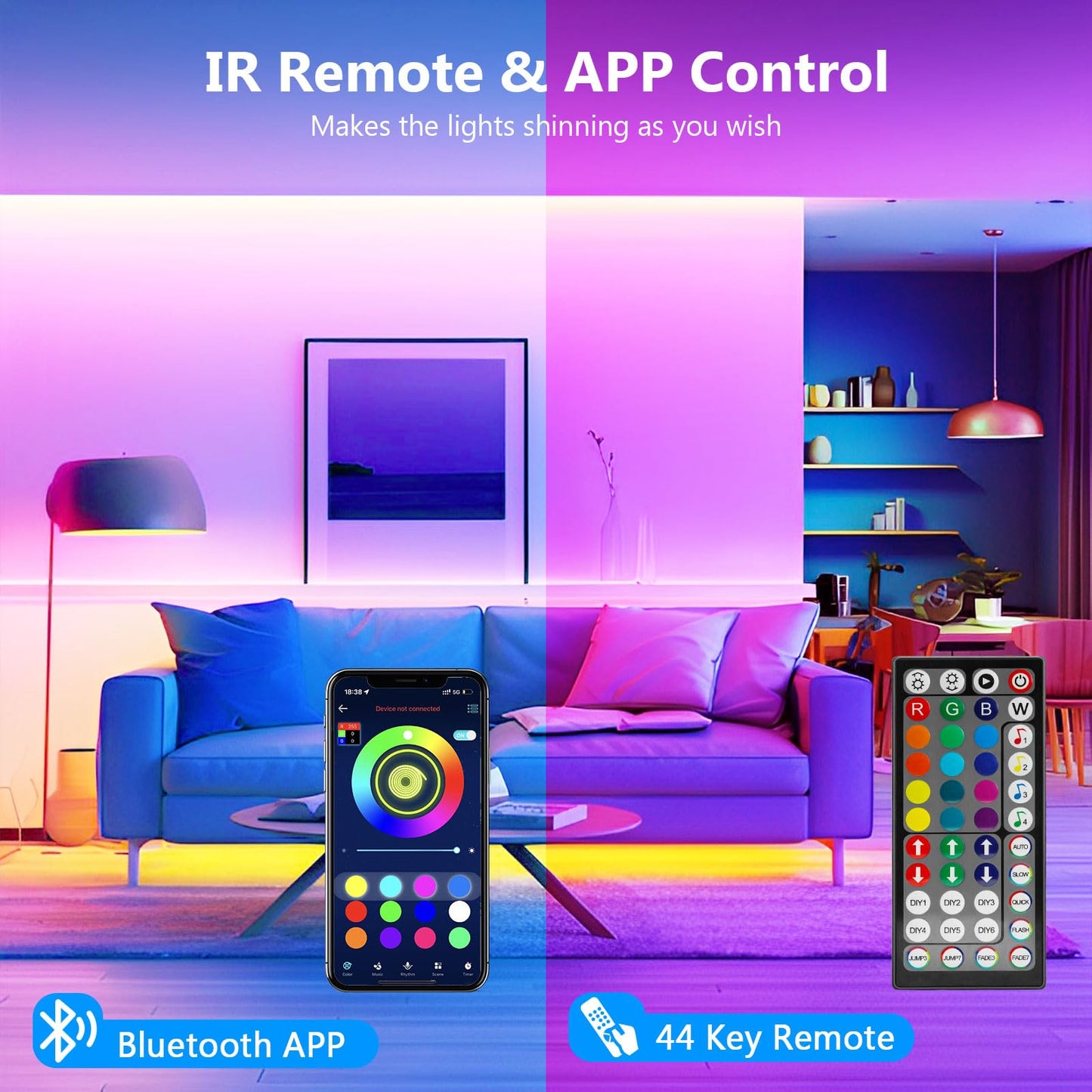Led Strip 10m, RGB Led Streifen, Bluetooth Smart Led Band Selbstklebend, LED Leiste mit Fernbedienung und APP, LED Lights Dimmbar, Musik Sync, Timer-Einstellung für Gaming Zimmer, Room, Küche, Party