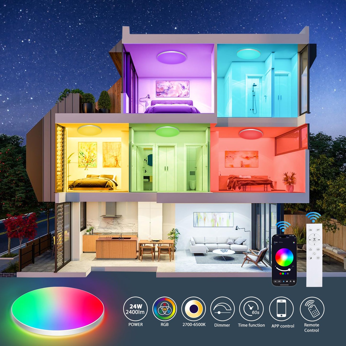 OPPEARL Led Deckenlampe Dimmbar mit Fernbedienung, 24W 16 Millionen RGB Farbwechsel Smart led Deckenleuchte Steuerbar via App, 2400LM Deckenbeleuchtung Ø30CM Lampe für Wohnzimmer Schlafzimmer, Weiß