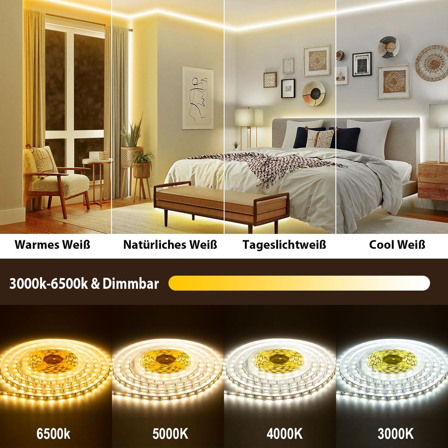 TENDIST 14M Led Streifen Weiß Alexa Kompatibel, 24V 3000k-6500K Warmweiß bis Kaltweiß Dimmbar mit Fernbedienung, Led Strip Weiß Selbstklebend Beleuchtung für Innen Küche Dekoration