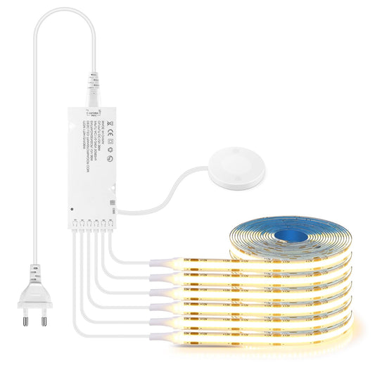 AIMENGTE COB LED Strip 12m, 12V Warmweiß Akustikpaneele Schneidbar COB LED Streifen, with Berühren und Hand Sweep Dimmer Schalten, für Weinschränke, Regale, Schränke, Küche Beleuchtung