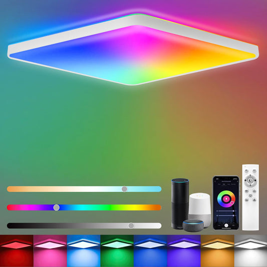 Heyseven LED Deckenleuchte Dimmbar mit Fernbedienung, 24W RGB Deckenlampe LED, Smart APP Deckenleuchte mit 16 Millionen Farbwechsel Panel, 2400LM mit Alexa Lampen für Schlafzimmer Wohnzimmer