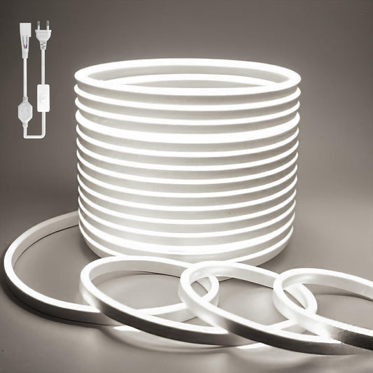BAGZY Neon LED Streifen 10M Aussenbereich, Neon Wasserdicht Strip 230V Outdoor 120 LED/M Flexibler DIY Lichtband für Innen Weihnachtsfeier Aussenbereich,mit Netzteil und Controller (Weiß,10Meter)