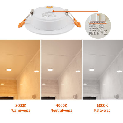 da LIGHT LED Einbaustrahler 230V flach 5W 10er Set, Strahlende Einbauleuchten, Bad Spot 3000/4000/6000K, Deckenstrahler IP54 für Badzimmer Wohnzimmer Küche Schlafzimmer