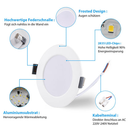 Grebeam 6 er 5W Einbauleuchten Decke LED, 450lm Spots Deckenleuchte, Warmweiß Neutralweiß Kaltweiß 3000K/4000K/6000K, LED Spots 230v Ausschnittlochmaß: φ75-90mm