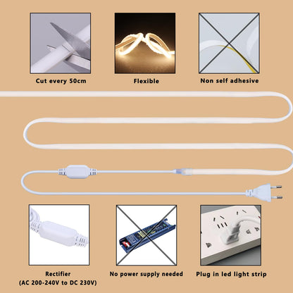 BENLUN AC 220V COB LED Streifen Aussenbereich 20M, 3000K Warmweiß LED Strip Outdoor Wasserdicht, LED Band 200W CRI 90+ 230V Direktanschluss für Zimmer und Außen Dekoration Beleuchtung