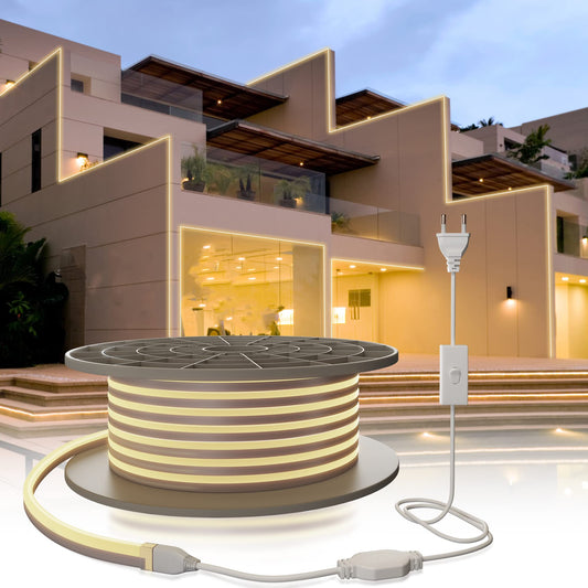 YOODI 15M LED Strip,230V IP65 Wasserdicht Neon Led Streifen mit Netzteil Neutralweiß 4000K Aussenbereich LED Flexible Lichtleisten 120LED/M, PVC Schneidbare Led Band für Zimmer Outdoor Schlafzimmer