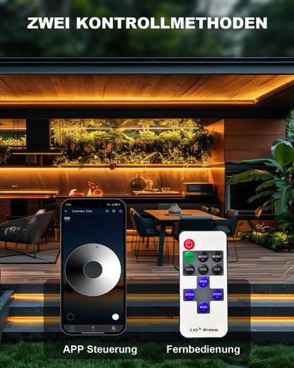 COB LED Streifen 15M IP68 Wasserdicht, 24V 2700K LED Strip Warmweiss, LED Lichtband Selbstklebend Außen mit Netzteil, APP und Fernbedienung für Dachtraufe Garten Pool Terrasse Küche Badezimmer