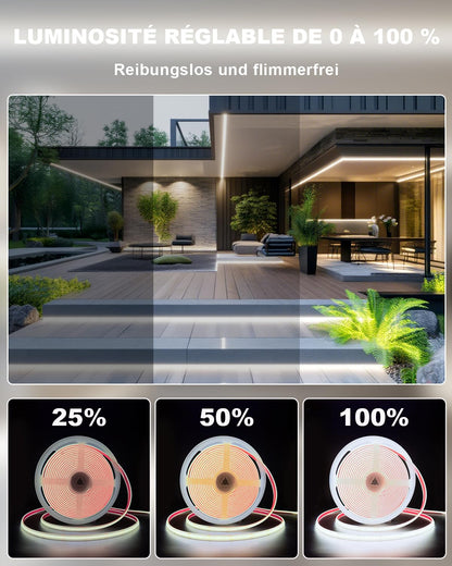15M COB LED Streifen IP68 Wasserdicht, 24V 6500K LED Strip Weiß, LED Lichtband Selbstklebend Außen mit Netzteil, APP und Fernbedienung für Dachtraufe Garten Pool Terrasse Küche Badezimmer