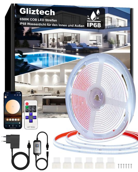 15M COB LED Streifen IP68 Wasserdicht, 24V 6500K LED Strip Weiß, LED Lichtband Selbstklebend Außen mit Netzteil, APP und Fernbedienung für Dachtraufe Garten Pool Terrasse Küche Badezimmer