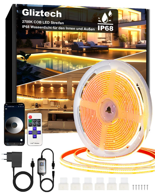 COB LED Streifen 15M IP68 Wasserdicht, 24V 2700K LED Strip Warmweiss, LED Lichtband Selbstklebend Außen mit Netzteil, APP und Fernbedienung für Dachtraufe Garten Pool Terrasse Küche Badezimmer