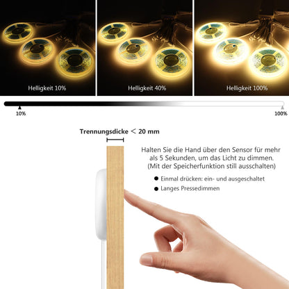 AIMENGTE COB LED Strip 12m, 12V Warmweiß Akustikpaneele Schneidbar COB LED Streifen, with Berühren und Hand Sweep Dimmer Schalten, für Weinschränke, Regale, Schränke, Küche Beleuchtung