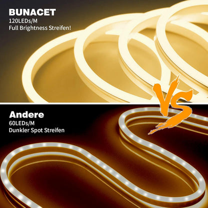 BUNACET Neon LED Strip Warmweiss 8M 24V, LED Streifen Dimmbar 3000K, IP67 Wasserdicht Neon Schlauch Lichtband Flexibel LED Band mit Fernbedienung und Netzteil, Silikon Lichtleiste für Innen Aussen