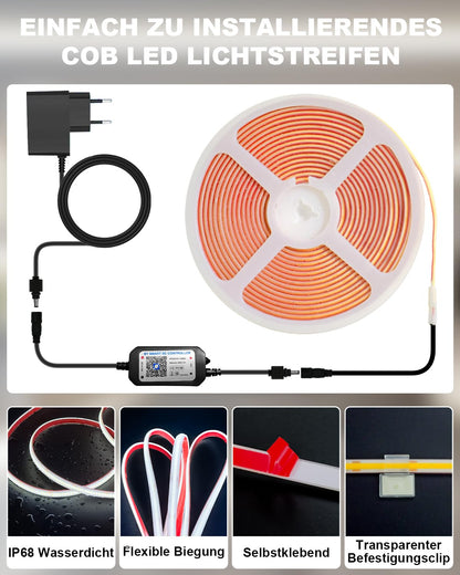 15M COB LED Streifen IP68 Wasserdicht, 24V 6500K LED Strip Weiß, LED Lichtband Selbstklebend Außen mit Netzteil, APP und Fernbedienung für Dachtraufe Garten Pool Terrasse Küche Badezimmer