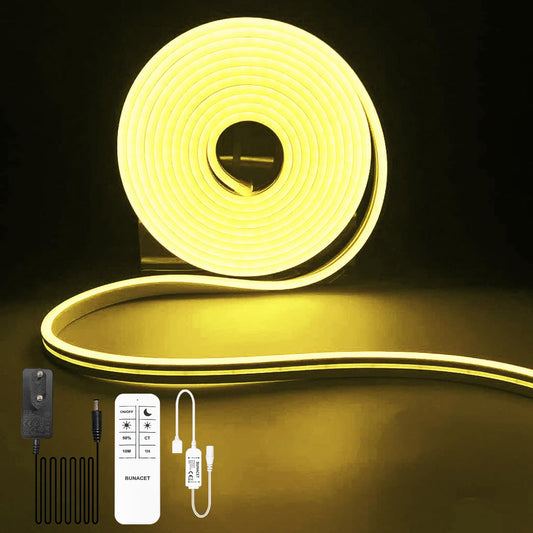 BUNACET Neon LED Strip Warmweiss 8M 24V, LED Streifen Dimmbar 3000K, IP67 Wasserdicht Neon Schlauch Lichtband Flexibel LED Band mit Fernbedienung und Netzteil, Silikon Lichtleiste für Innen Aussen