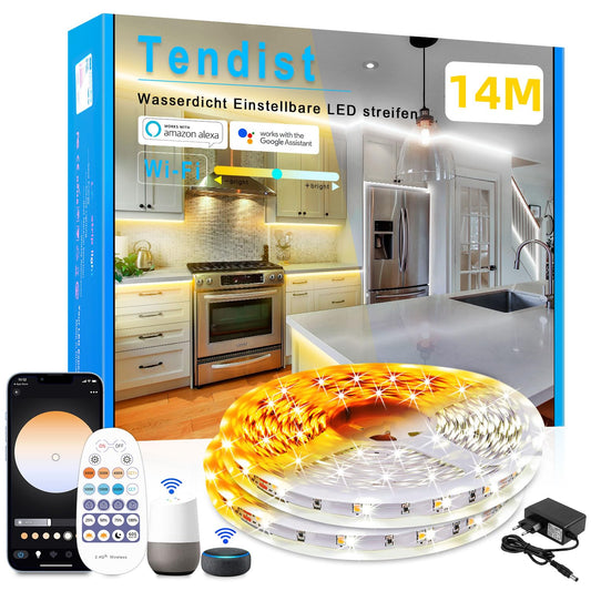 TENDIST 14M Led Streifen Weiß Alexa Kompatibel, 24V 3000k-6500K Warmweiß bis Kaltweiß Dimmbar mit Fernbedienung, Led Strip Weiß Selbstklebend Beleuchtung für Innen Küche Dekoration