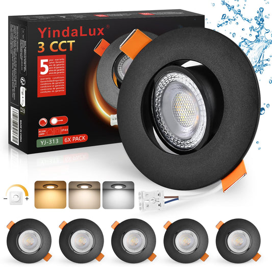 YindaLux LED Einbaustrahler 230V Dimmbar 45° Schwenkbar LED Spots 5W IP44 Deckenspots 68-80mm Lochmass 3000K/4000K/6000K Einbauspots Einbauleuchten für Badezimmer Küche Wohnzimmer Schwarz 6er Set